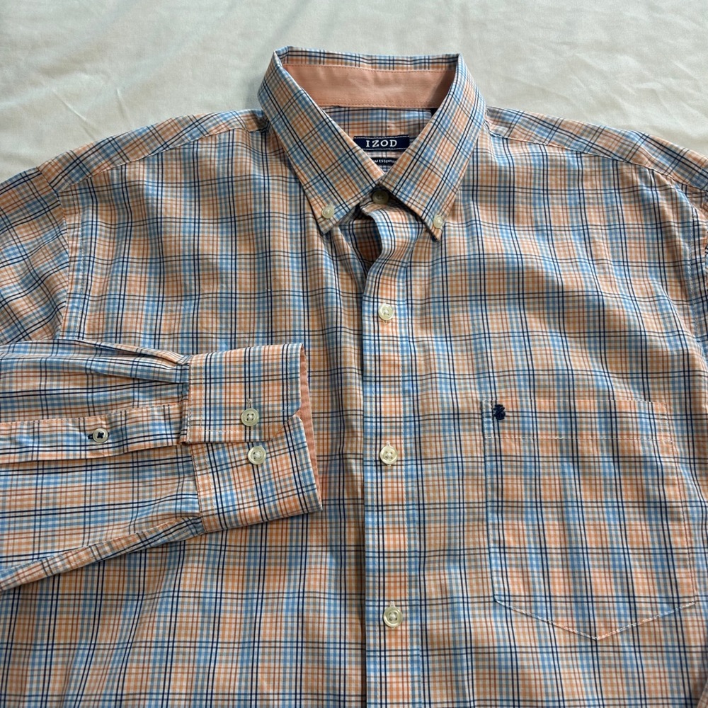 IZOD Mens Premium Essentials Plaid Button Down Shirt Orange Blue Medium 45PW158
